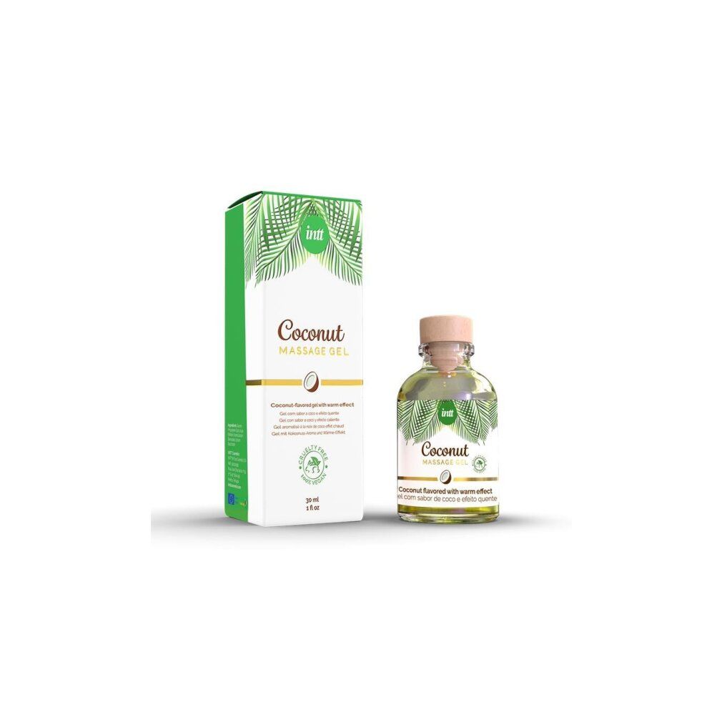 Flacone in vetro e scatola. Scritta: intt Coconut Massage Gel. Aroma di cocco. Certificazione vegana. Design verde con palme.