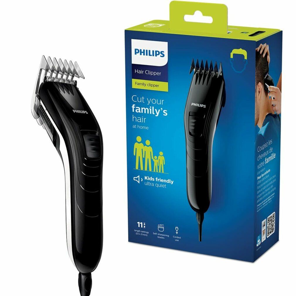 Tagliacapelli accanto alla confezione. Confezione con immagine del prodotto e testo: Philips, Family Clipper.