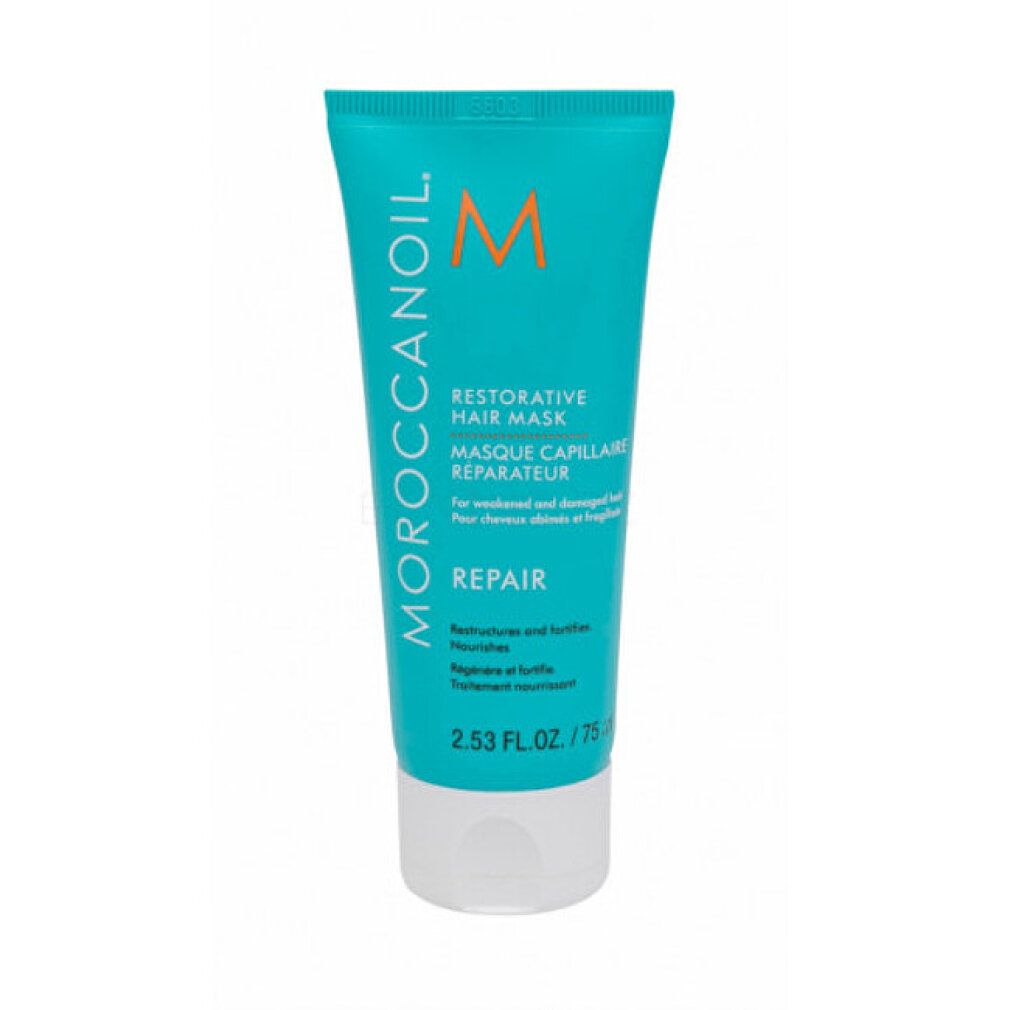 Tubo turchese con tappo bianco. Scritta: Moroccanoil, Restorative Hair Mask, Repair. Logo arancione.