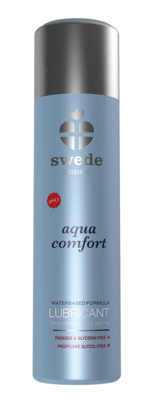 Flacone di lubrificante Swede Aqua Comfort, azzurro con tappo argentato.