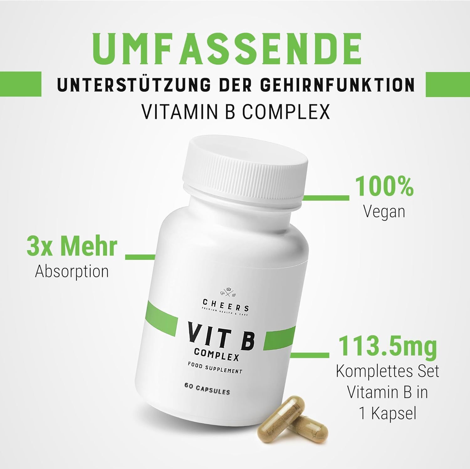 Flacone bianco, dettagli verdi. Vitamina B Complex. 60 capsule. 3x assorbimento. 100% vegano.