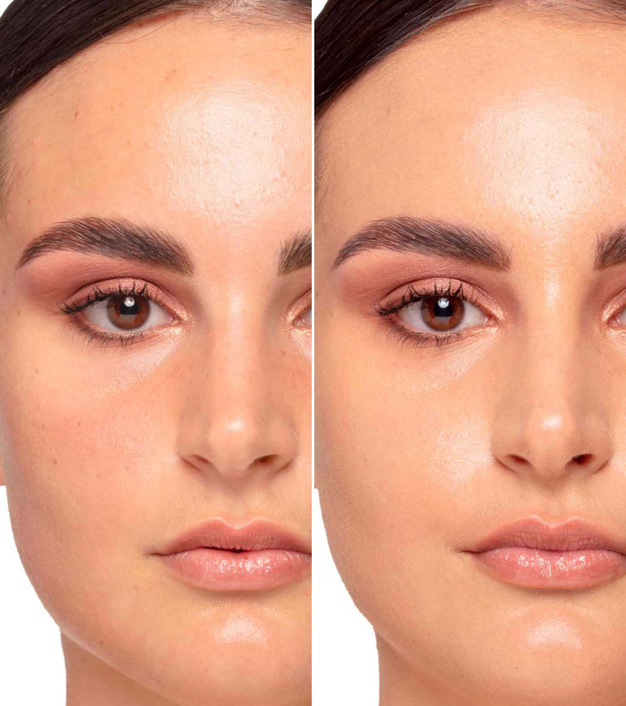 Confronto di due metà del viso di una donna: a sinistra senza trucco, a destra con fondotinta e trucco.