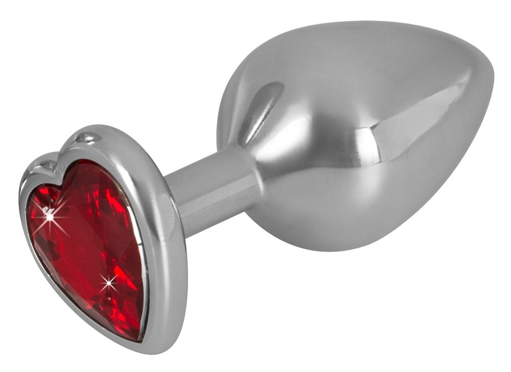 Anal Plug color argento con applicazione a cuore rossa, visto di lato.