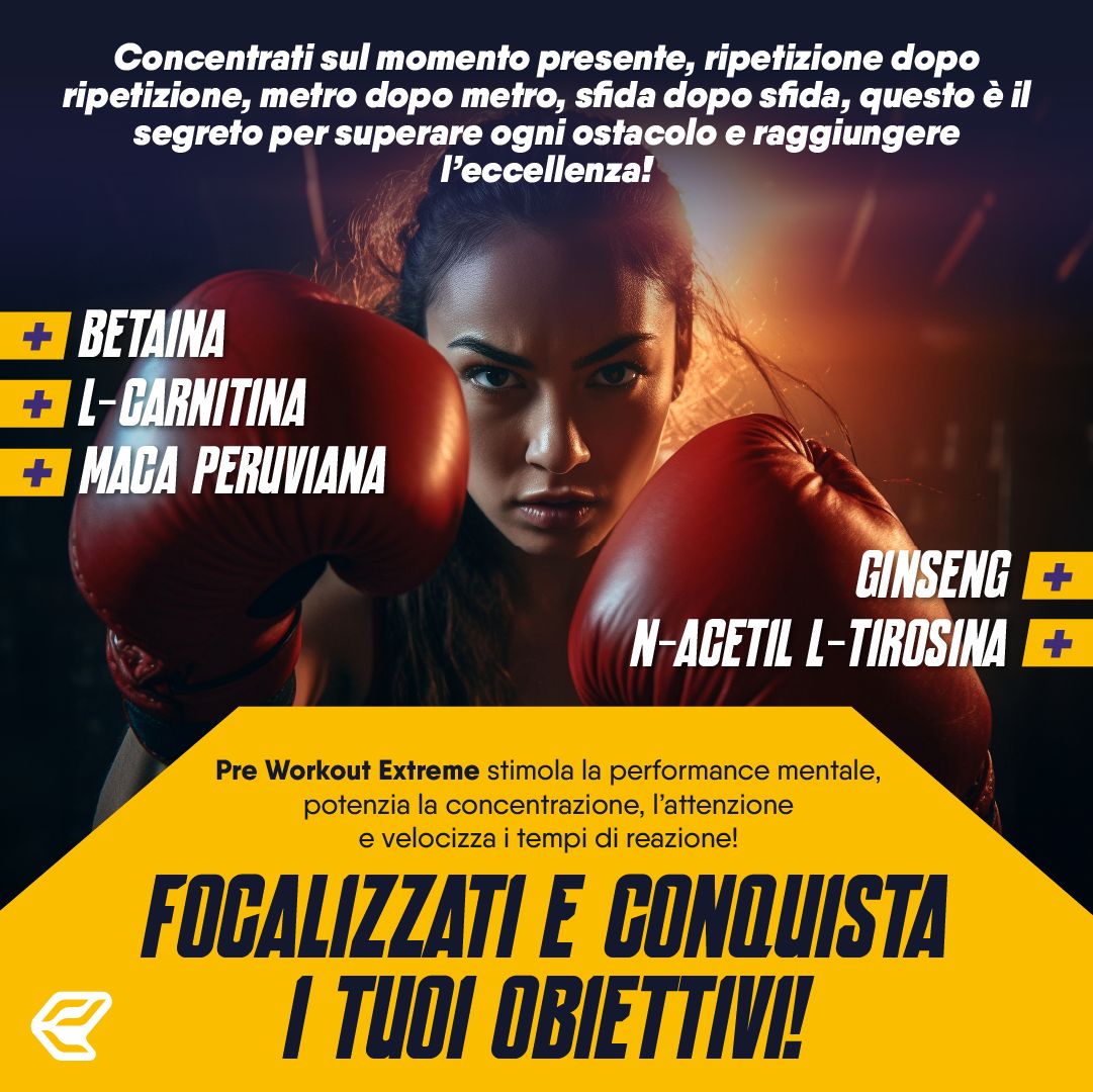 Donna con guantoni da boxe. Testo: Focalizzati e conquista i tuoi obiettivi! Ingredienti: Betaina, L-Carnitina, Maca, Ginseng, N-Acetil L-Tirosina.