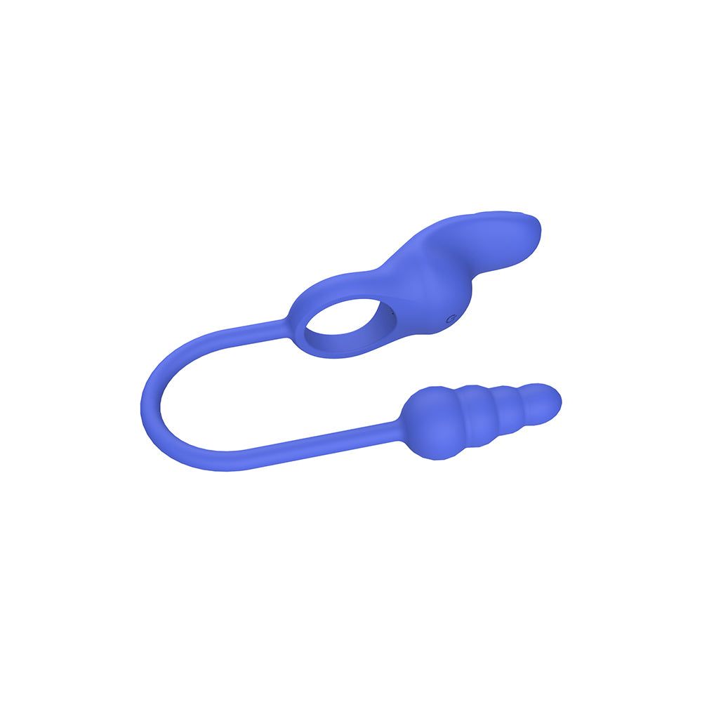 Vibratore anale blu con estremità scanalata e forma curva. Base ad anello.