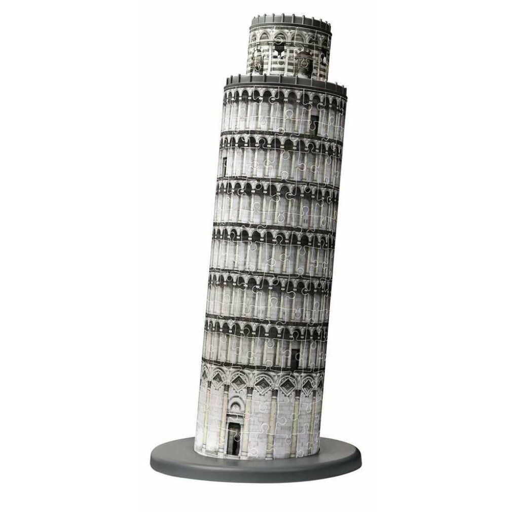 Puzzle 3D Torre di Pisa assemblato. La torre è posizionata su una base rotonda grigia.