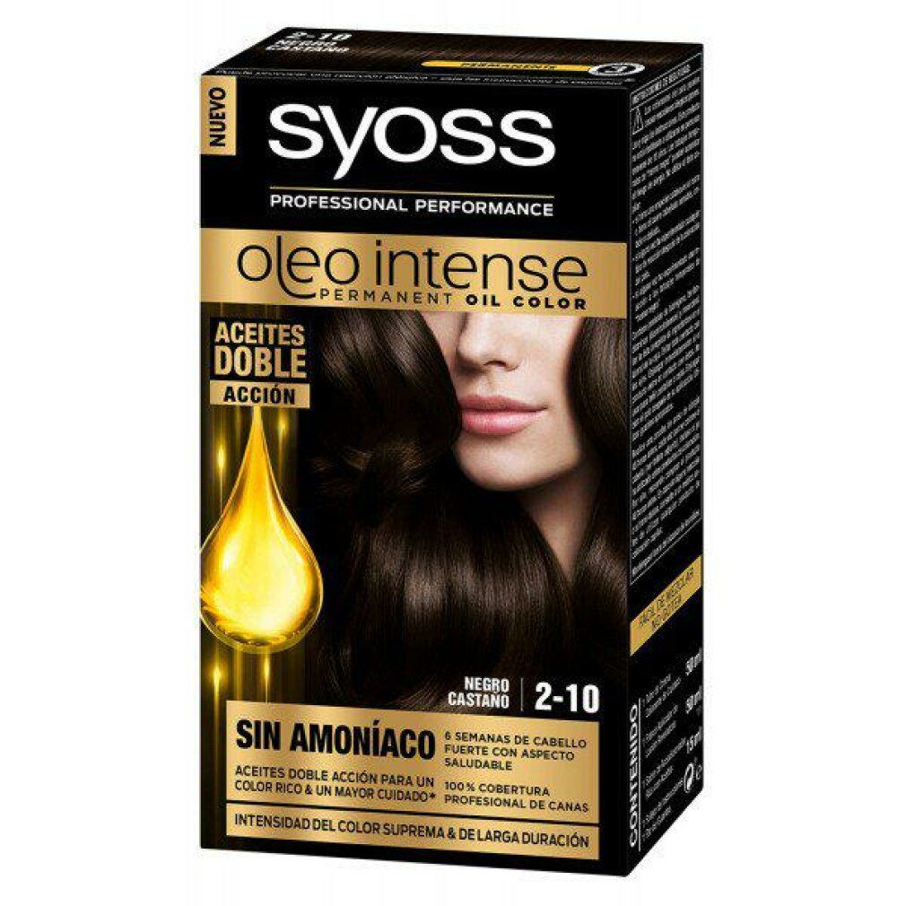 Tinta per capelli Syoss Olio Intenso 2-10 Negro Castaño. Confezione nera con immagine e testo. Senza ammoniaca.