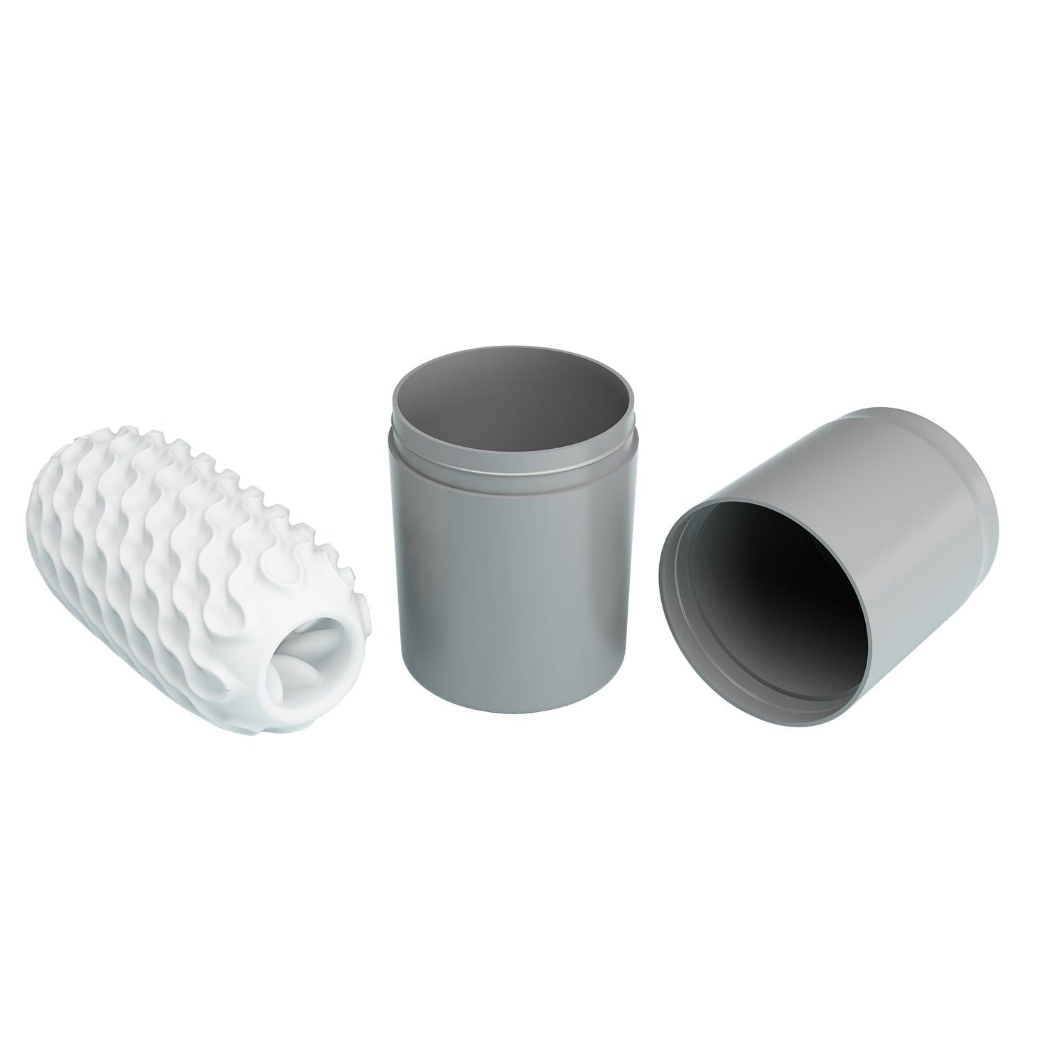 Prodotto bianco allungato con superficie ondulata, accanto a una lattina grigia con coperchio.