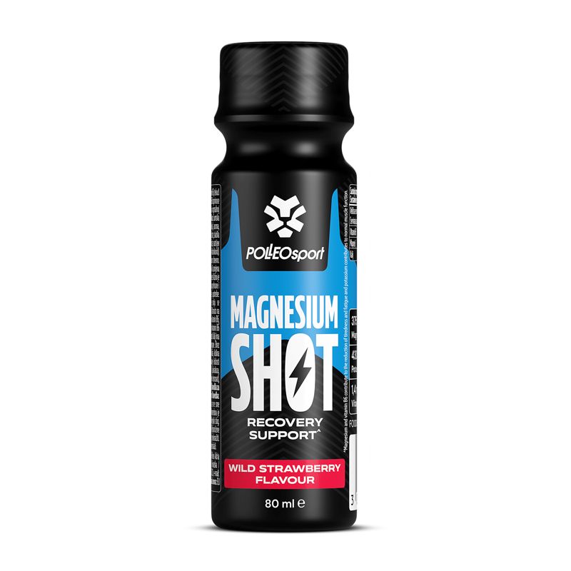 Bottiglia nera con etichetta blu e bianca. Scritta: Magnesium Shot, Wild Strawberry Flavour. 80 ml.