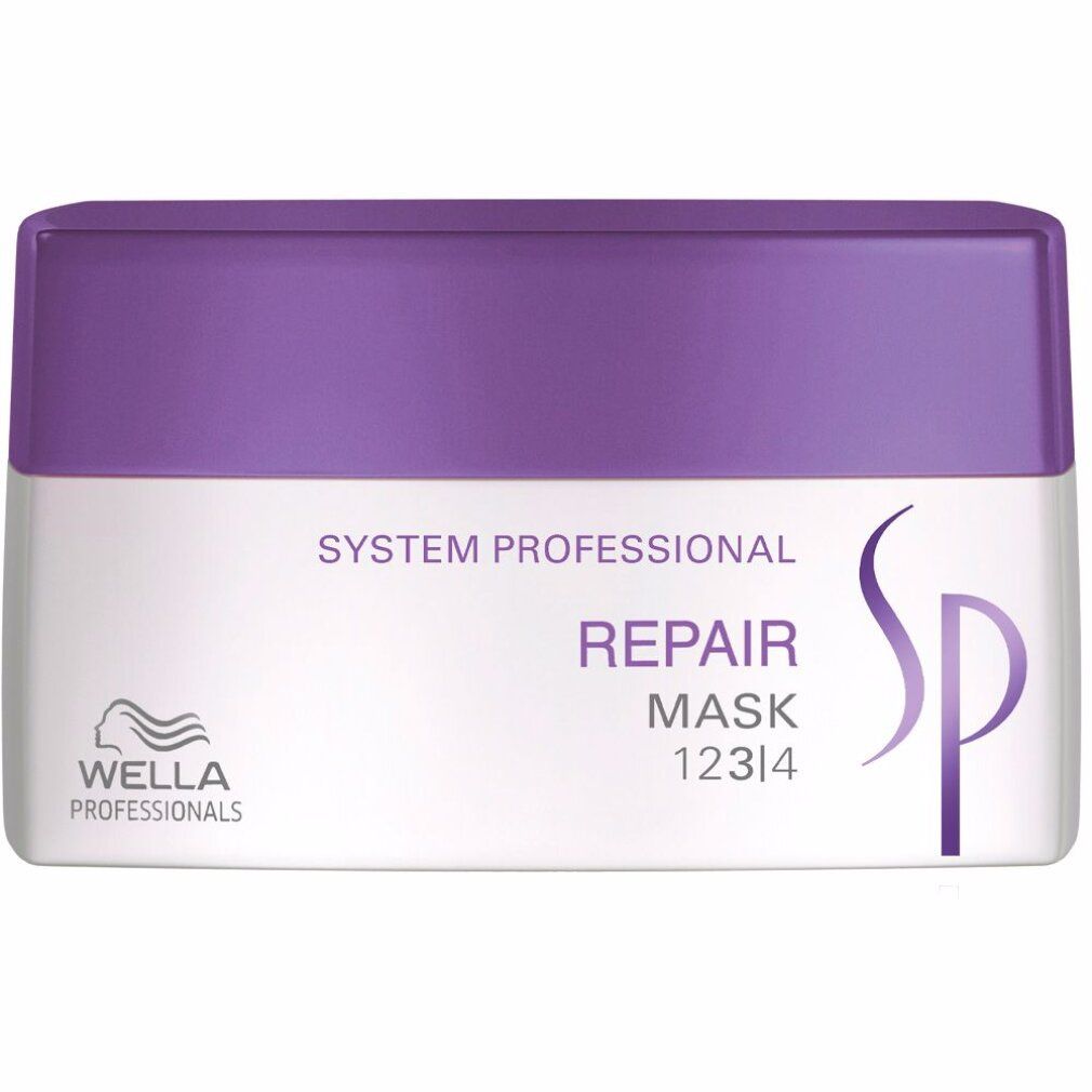 Barattolo rettangolare con coperchio viola. Scritta: System Professional Repair Mask. Logo Wella. Barattolo bianco con coperchio viola.