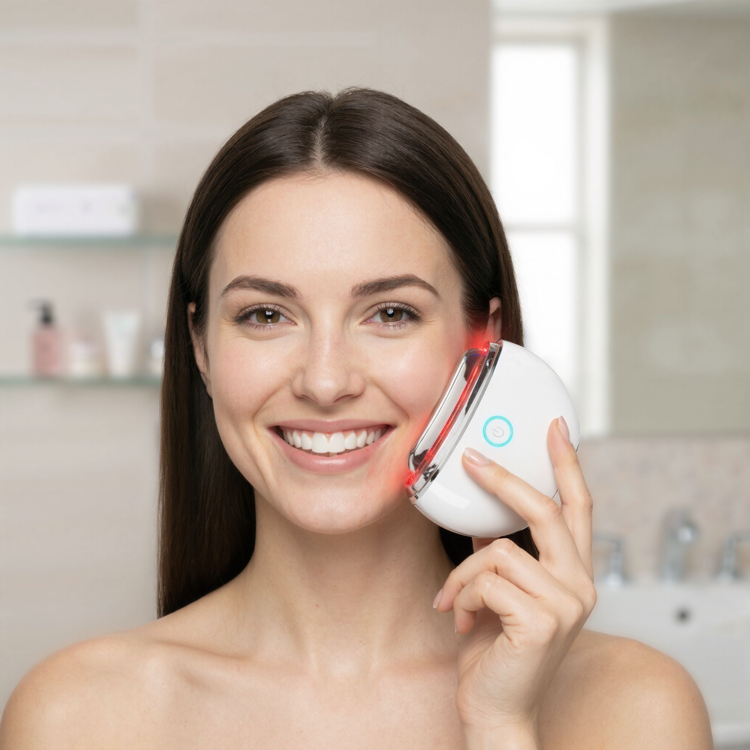 Dispositivo massaggiante bianco con luce rossa, tenuto sul viso. Donna in bagno. Dettagli argento, pulsante verde.