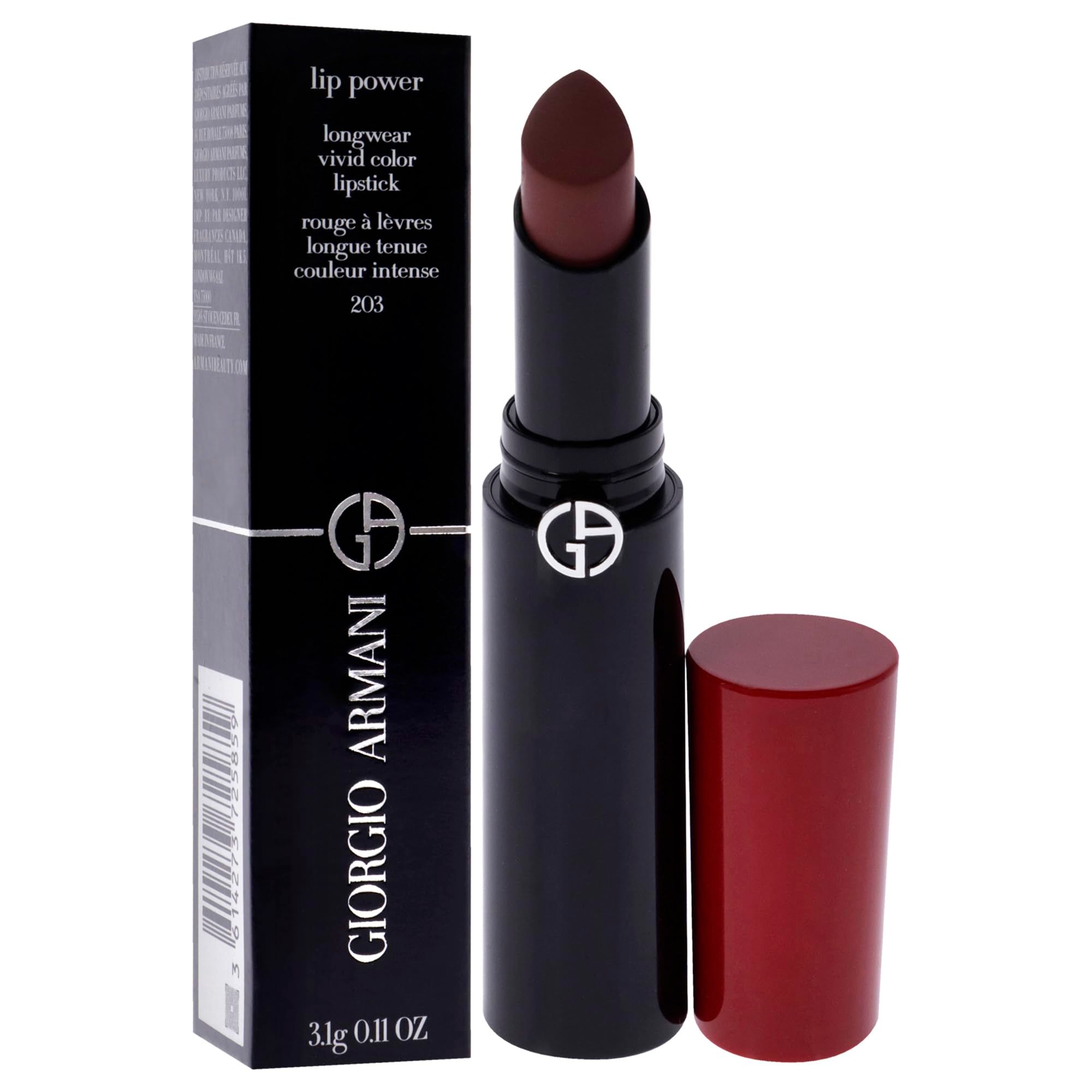 Rossetto con astuccio nero e cappuccio rosso. Confezione nera con logo e informazioni sul prodotto. Colore scuro del rossetto.