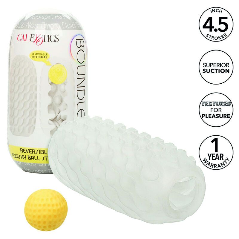 Confezione e masturbatore con tickler rimovibile. "4.5 INCH STROKER", "SUPERIOR SUCTION", "TEXTURED FOR PLEASURE", "1 YEAR WARRANTY".