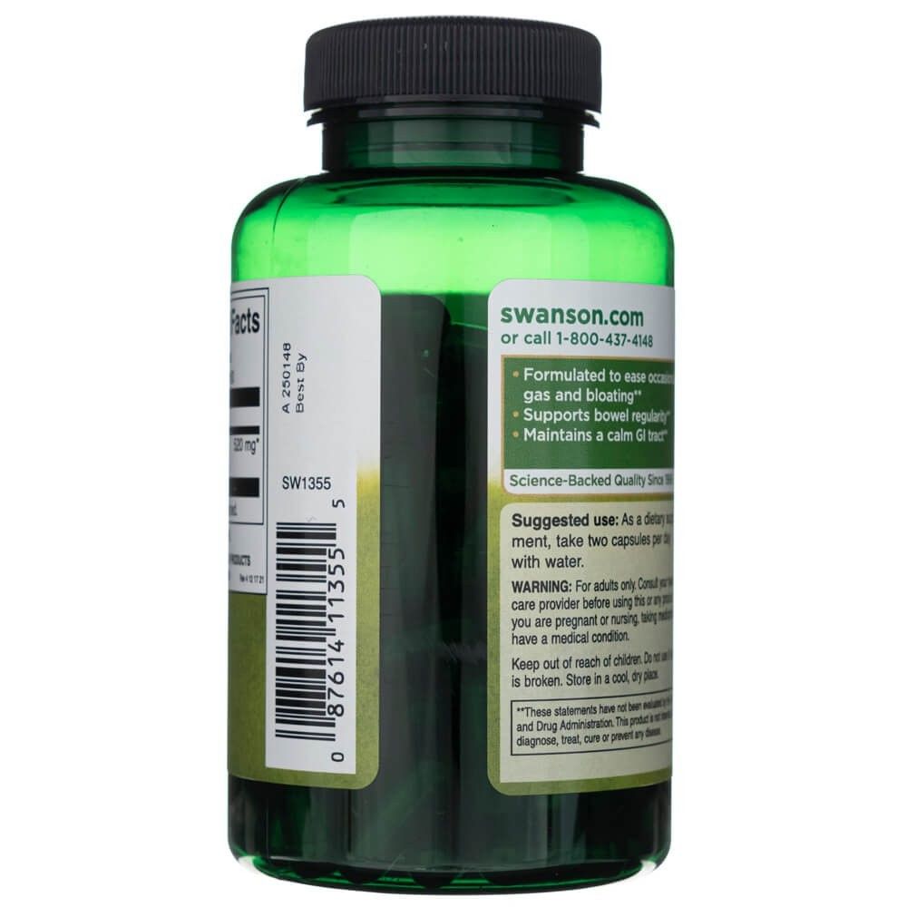 Lato di un flacone verde di carbone attivo Swanson con istruzioni per l'uso e avvertenze.