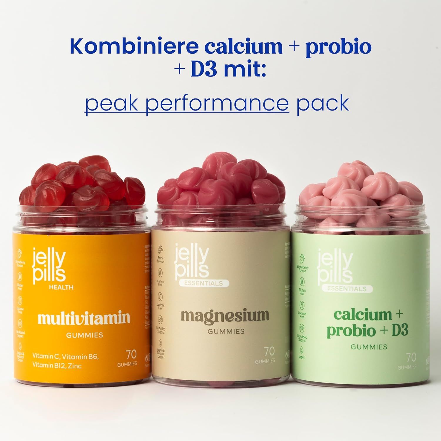 Tre barattoli di Jelly Pills Gummies: Multivitaminico, Magnesio e Calcio + Probio + D3. Tutti con 70 caramelle gommose. Combinabile con il Peak Performance Pack.
