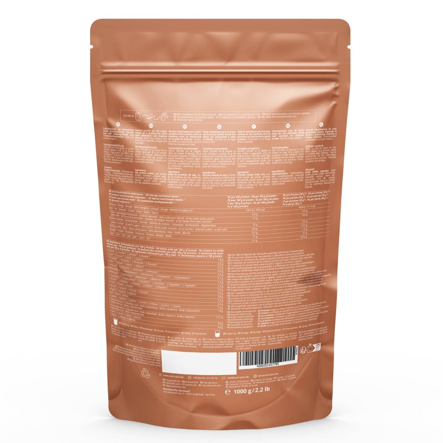 Retro di una busta marrone. Testo con informazioni nutrizionali e ingredienti. In basso: 1000 g / 2.2 lbs.