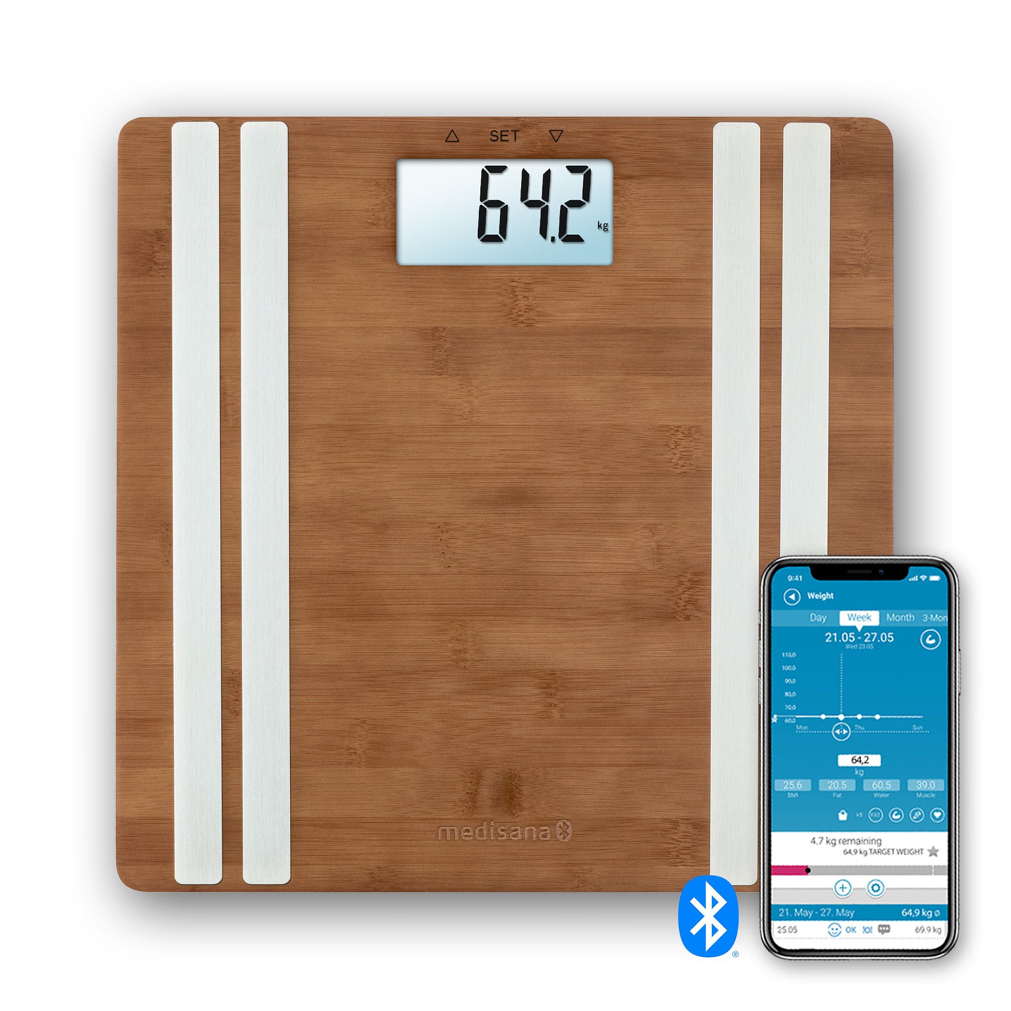 medisana BS 552 connect Bilancia in bambù con analisi corporea e app