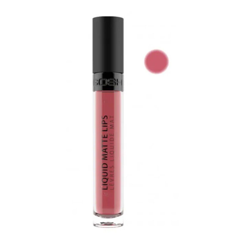 Gosh Liquid Matte Lips. Flacone con contenuto rosa. Tappo nero. Nome del prodotto e marchio visibili. Macchia di colore.