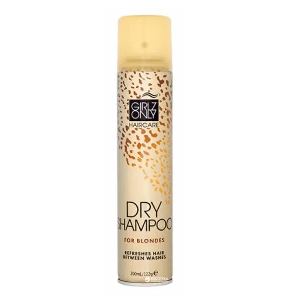 Shampoo secco per bionde. Flacone beige con motivi dorati e tappo giallo. Scritta: Girlz Only Haircare, Dry Shampoo.