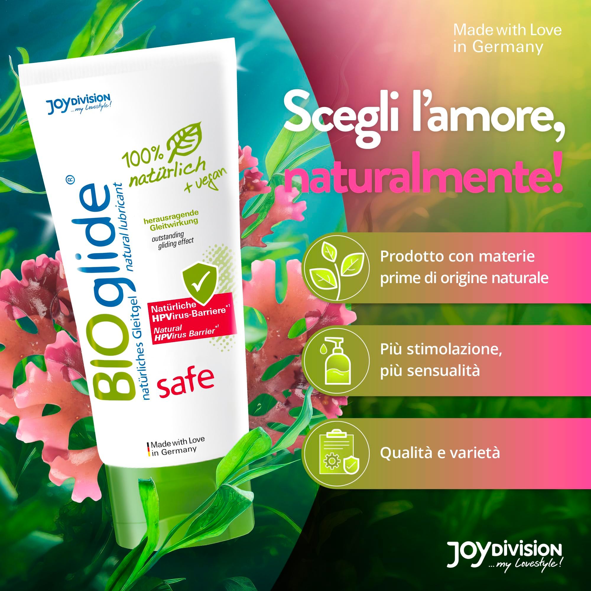 Tubo bianco con tappo a vite verde. Logo BIOglide, '100% naturale + vegan', 'safe Carrageen'.