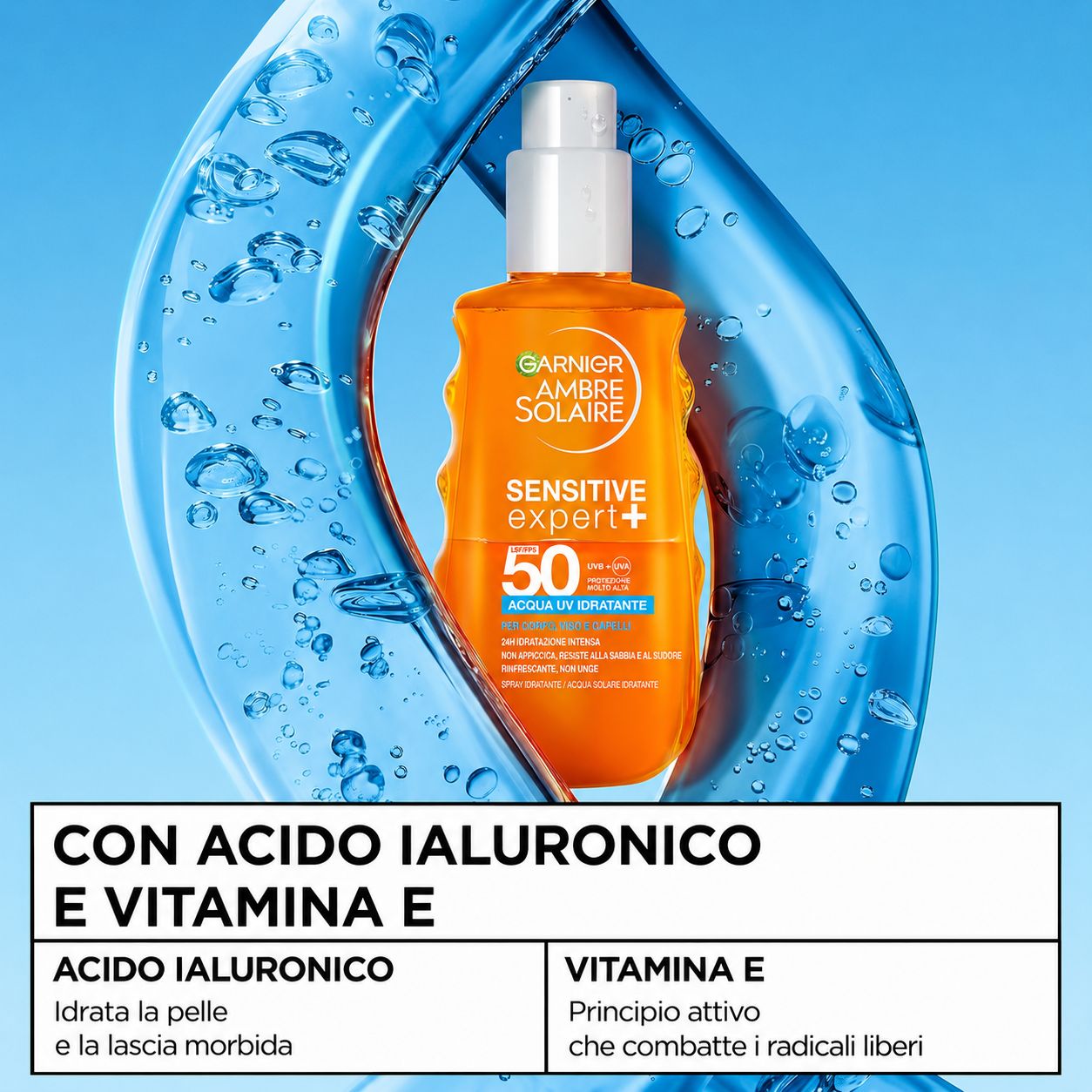 Spray solare Garnier Ambre Solaire Sensitive Expert+ LSF 50. Prodotto in un design blu. Con acido ialuronico e vitamina E.
