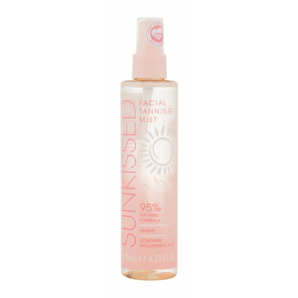 Spray viso trasparente. Etichetta rosa con testo: Sunkissed, Facial Tanning Mist, 95% Natural Formula, Vegan, contiene acido ialuronico. 125ml.