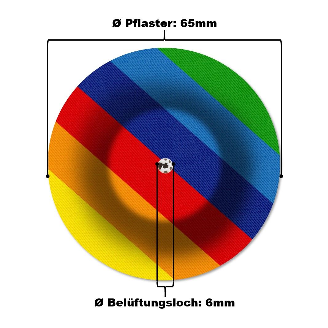 Cerotto di fissaggio rotondo con motivo arcobaleno e foro di ventilazione. Diametro 65mm, foro di ventilazione 6mm.