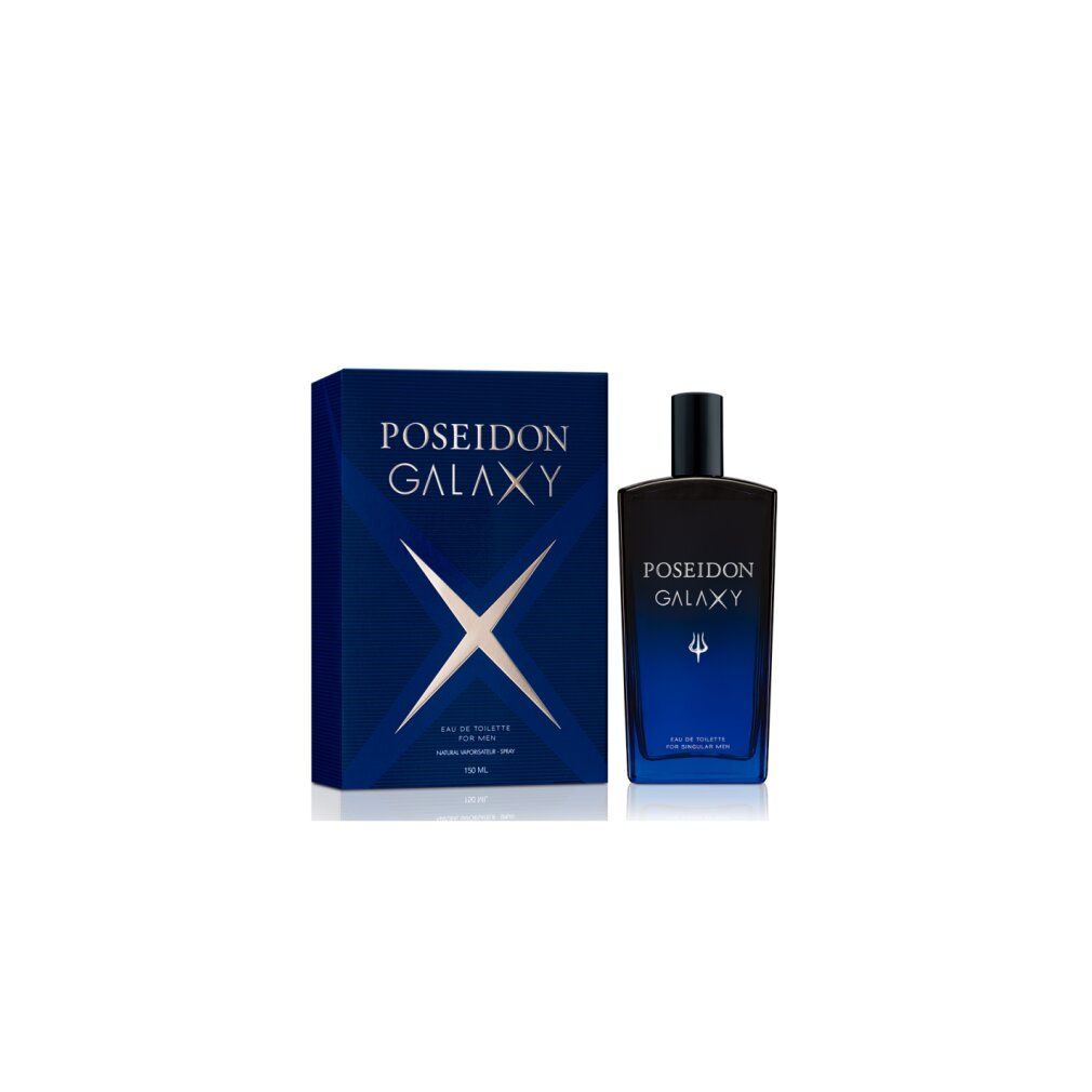Flacone blu e scatola con logo Poseidon Galaxy. Flacone con tappo nero. Testo: Eau de Toilette per uomo.