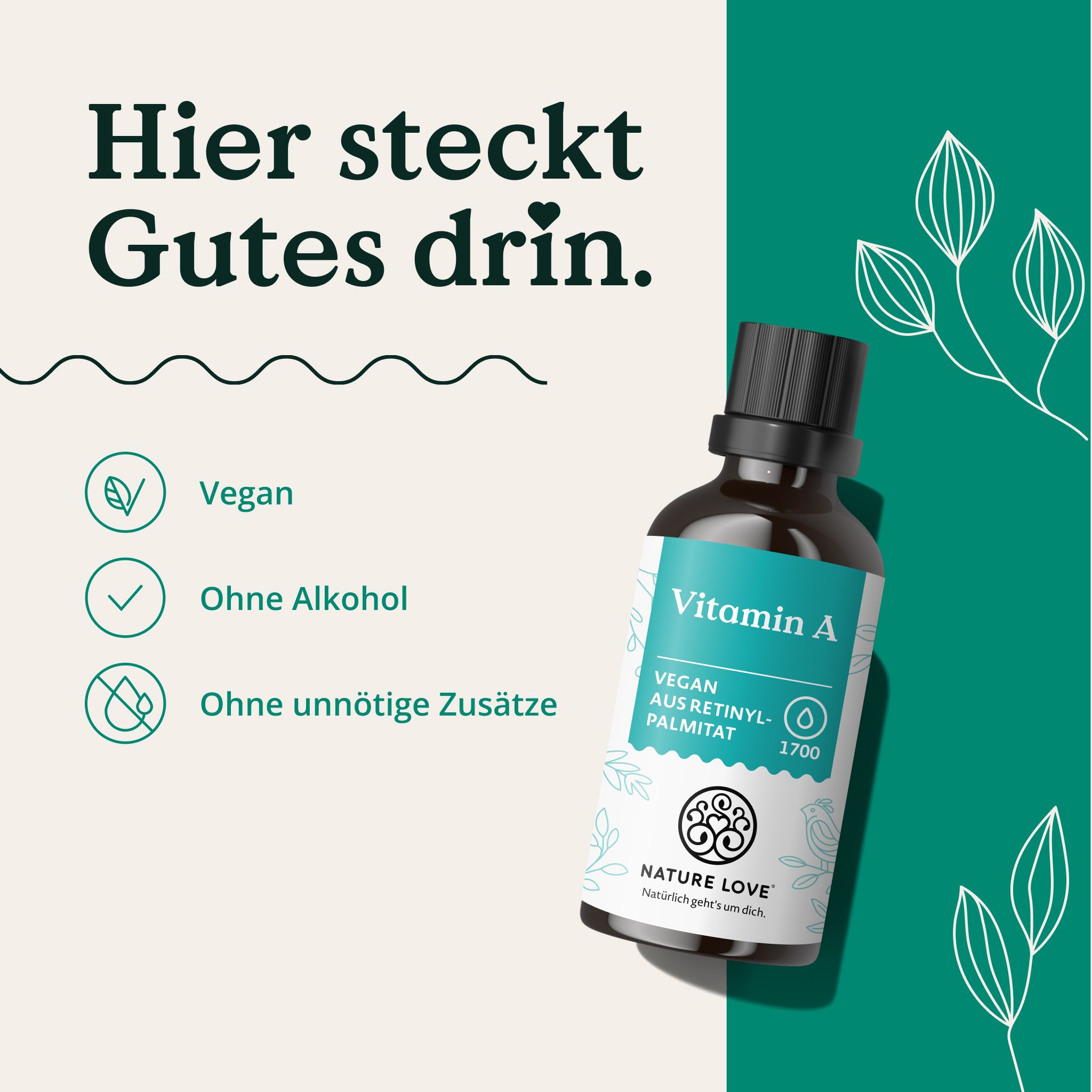 Flacone di gocce di Vitamina A, "Vegano", "Senza alcol", "Senza additivi inutili".