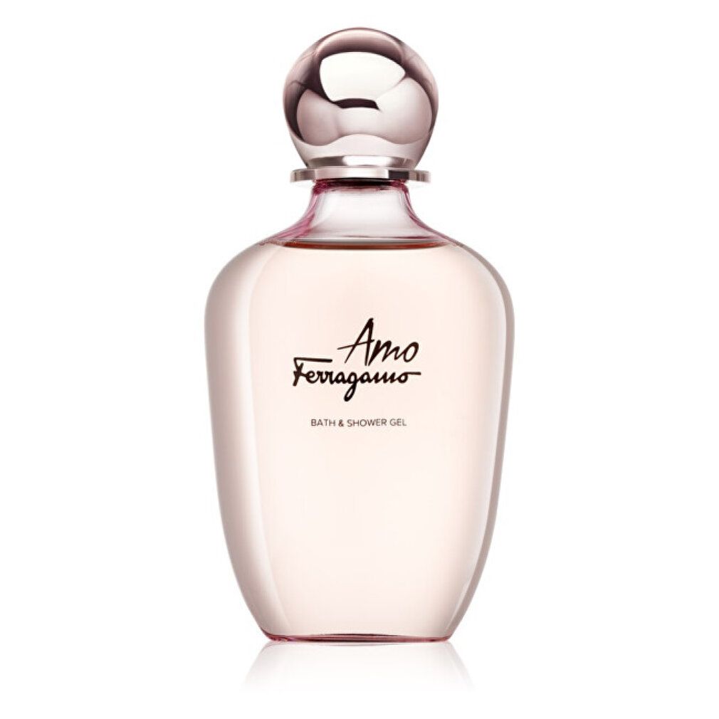 Flacone rosa con tappo argentato. Scritta: Amo Ferragamo, Bath & Shower Gel.