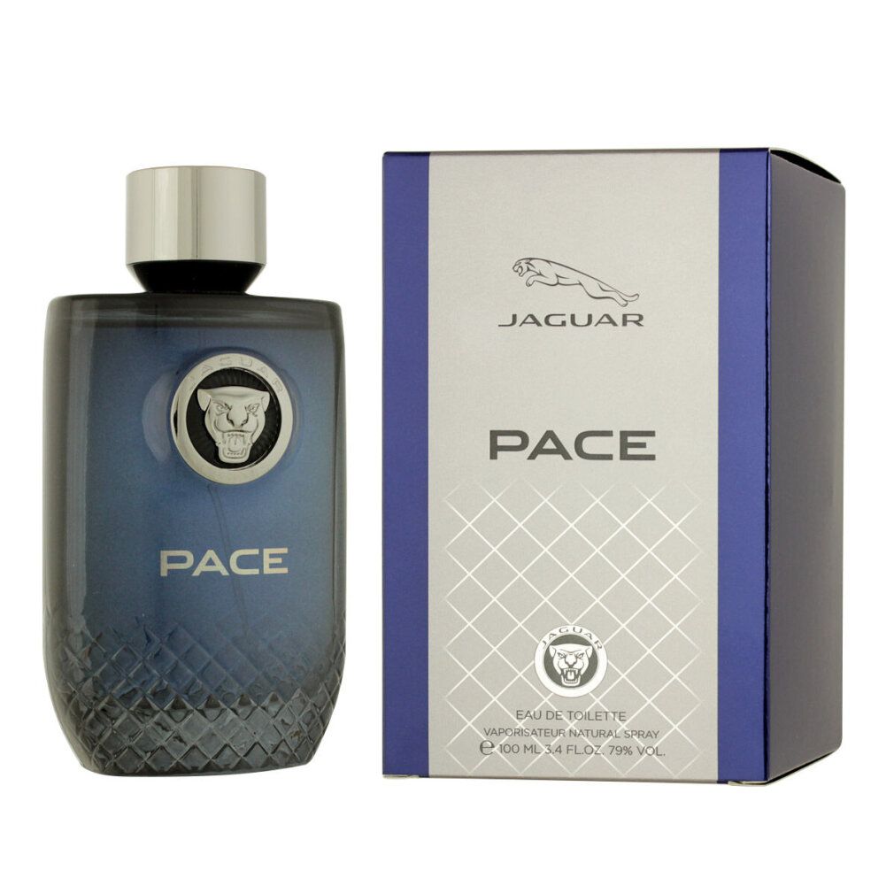 Spray Eau de Toilette blu con tappo argentato e logo. Flacone e confezione rettangolari con logo Jaguar e scritta PACE.