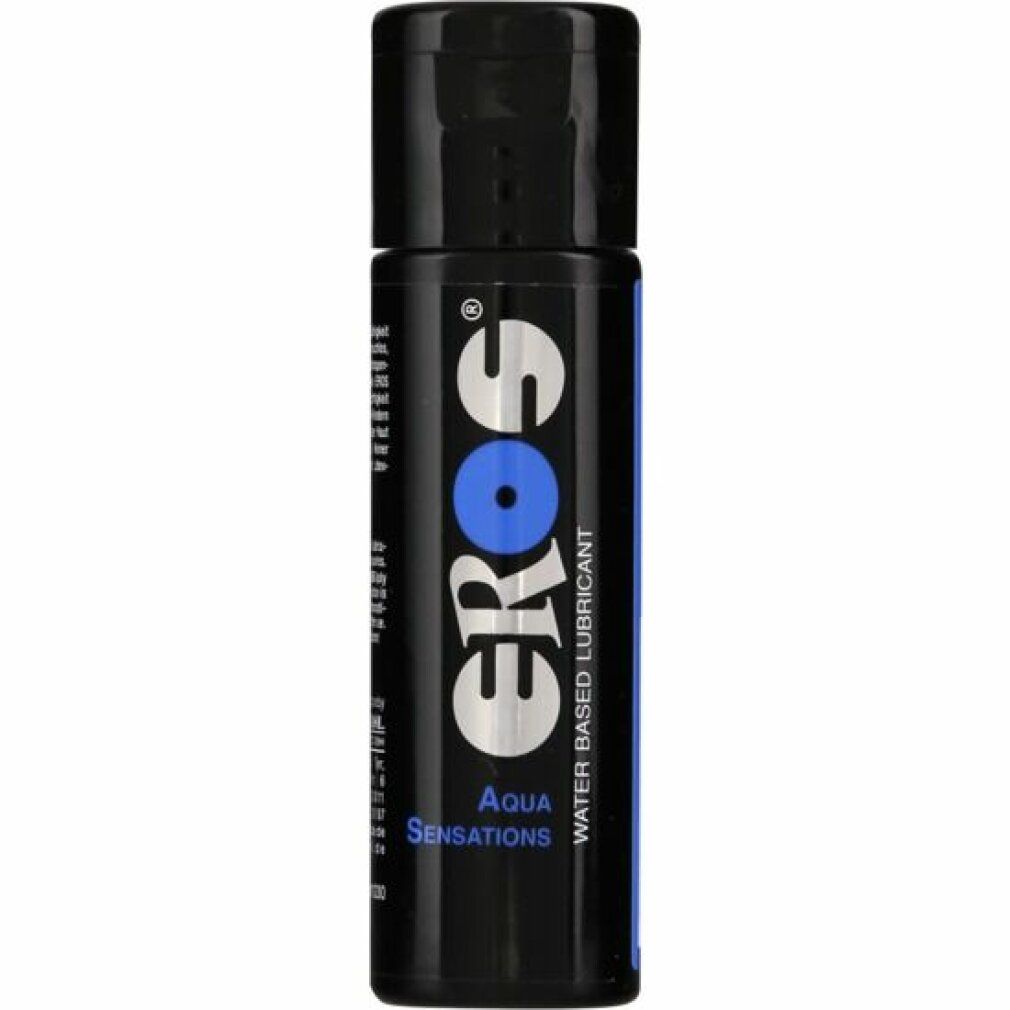 Flacone nero con etichetta blu. Scritta: EROS, Aqua Sensations, Water Based Lubricant.