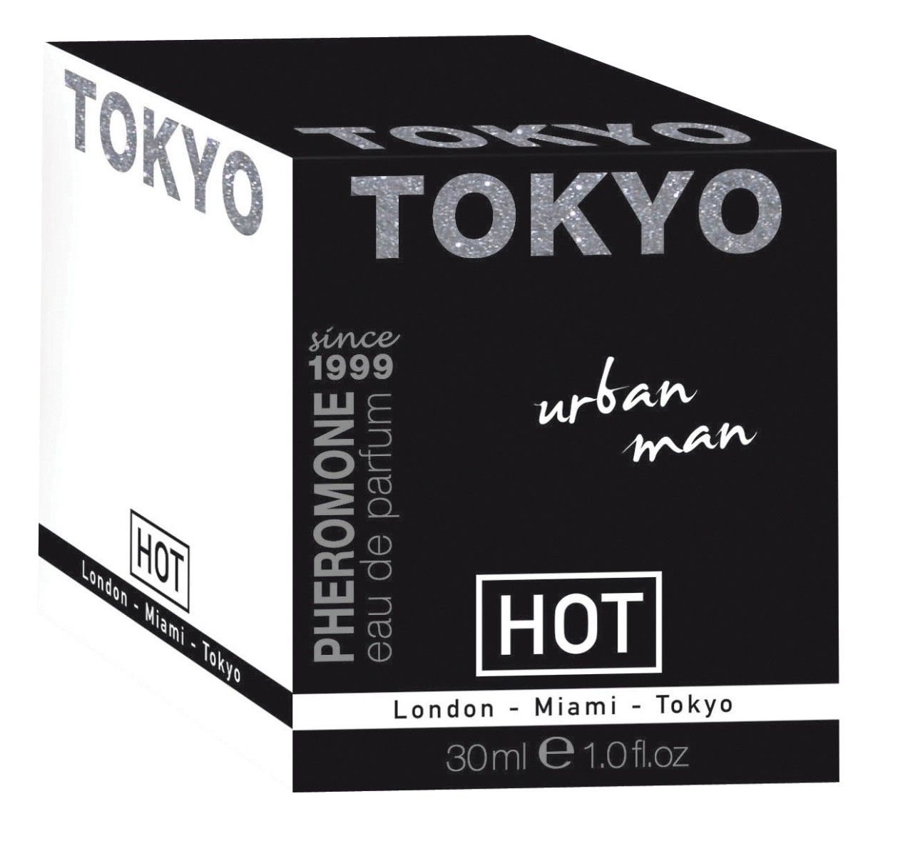 Confezione di Pheromone Parfum TOKYO – Urban Man, 30ml, con scritta glitterata.