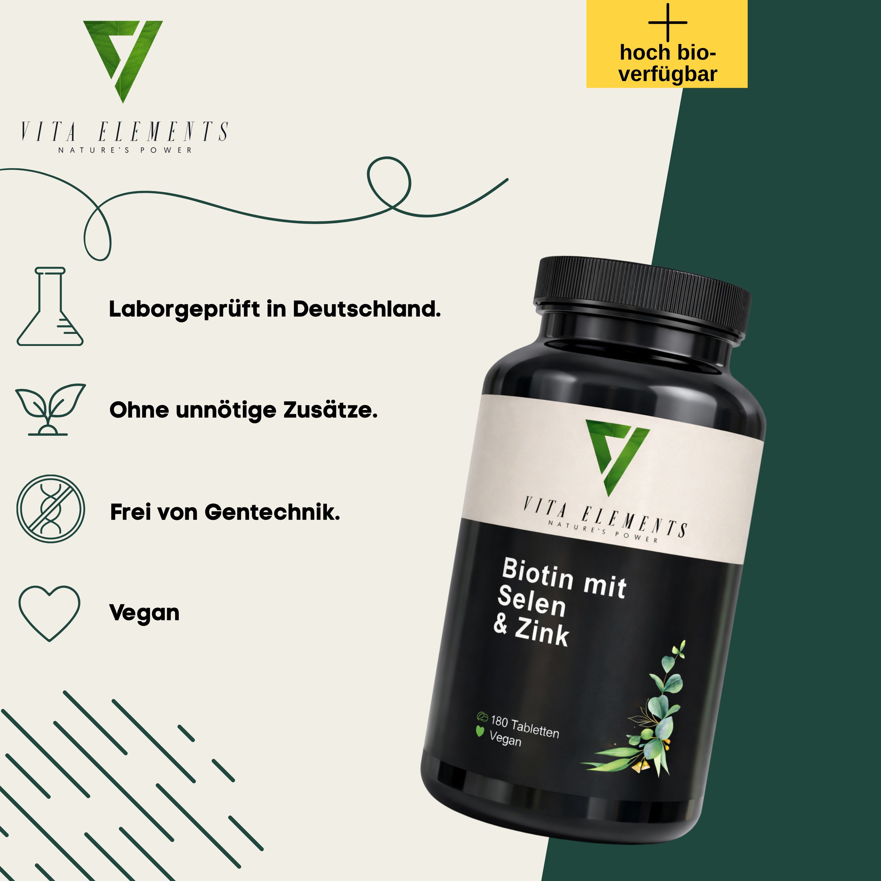 Flacone nero Vita Elements Biotina con Selenio & Zinco. 180 compresse, vegano. Loghi: Testato in laboratorio, senza OGM, vegano.