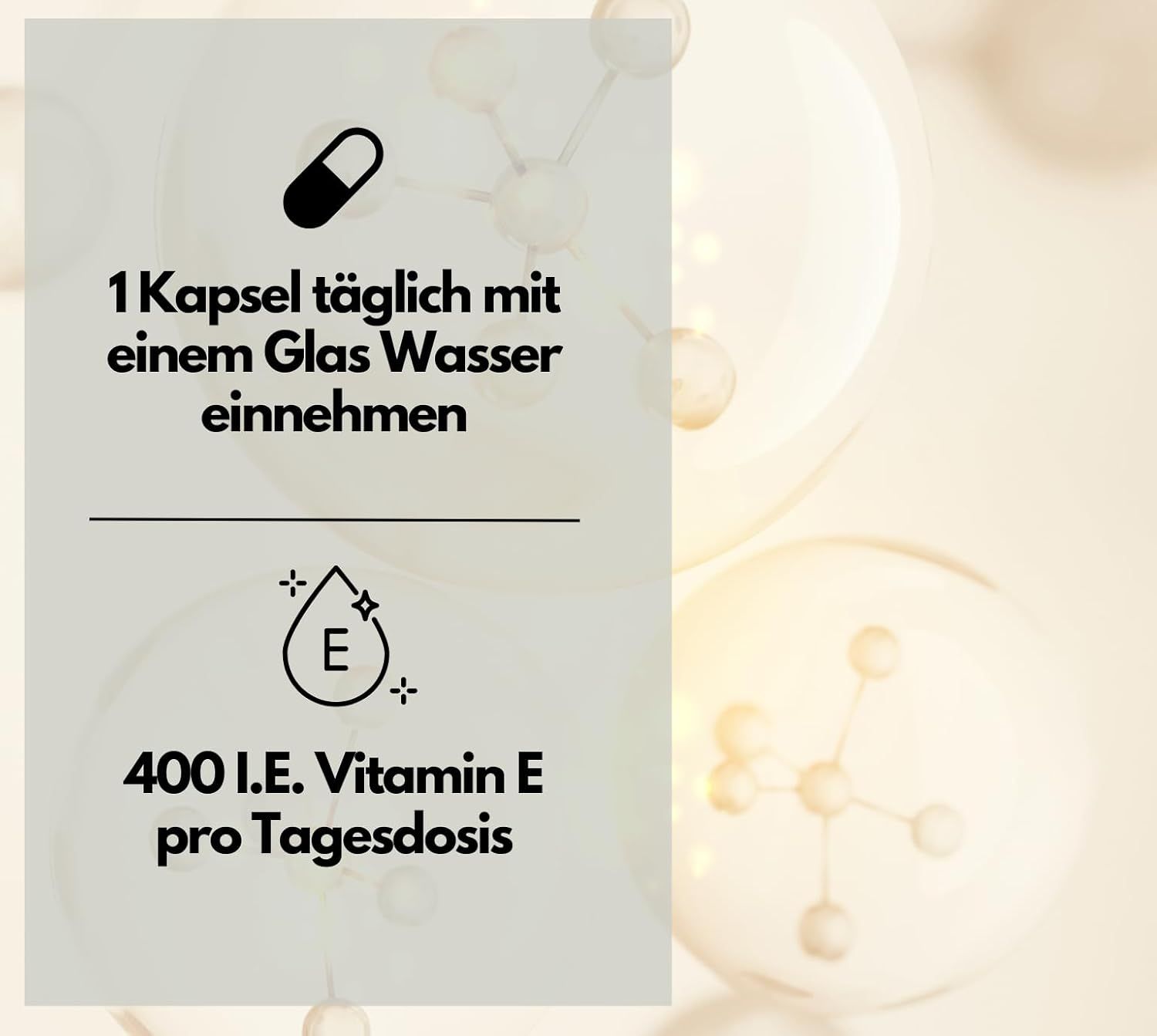 Icona capsula e testo: assumere 1 capsula al giorno con acqua. 400 UI di vitamina E per dose giornaliera.