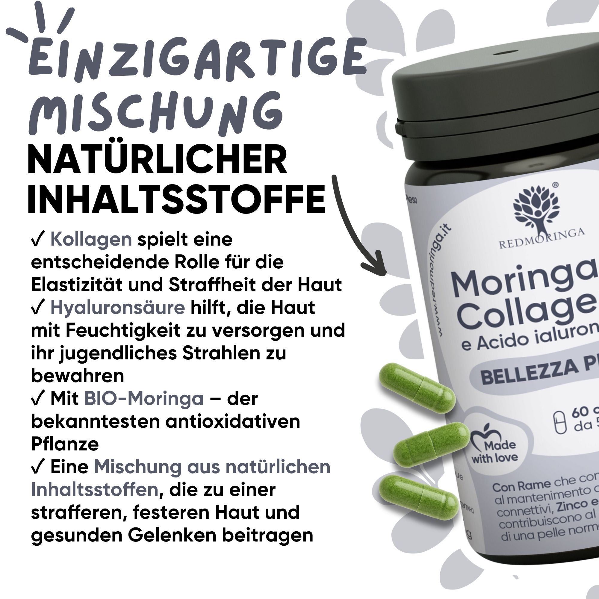 Flacone RedMoringa Collagene Ialuronico con capsule. Testo: Miscela unica di ingredienti naturali.