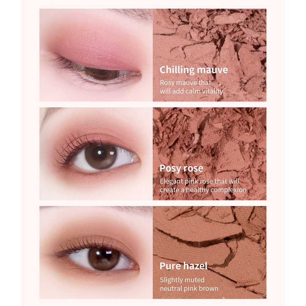 Primi piani di occhi con ombretto. Tre look diversi con i nomi 'Chilling mauve', 'Posy rose' e 'Pure hazel'.