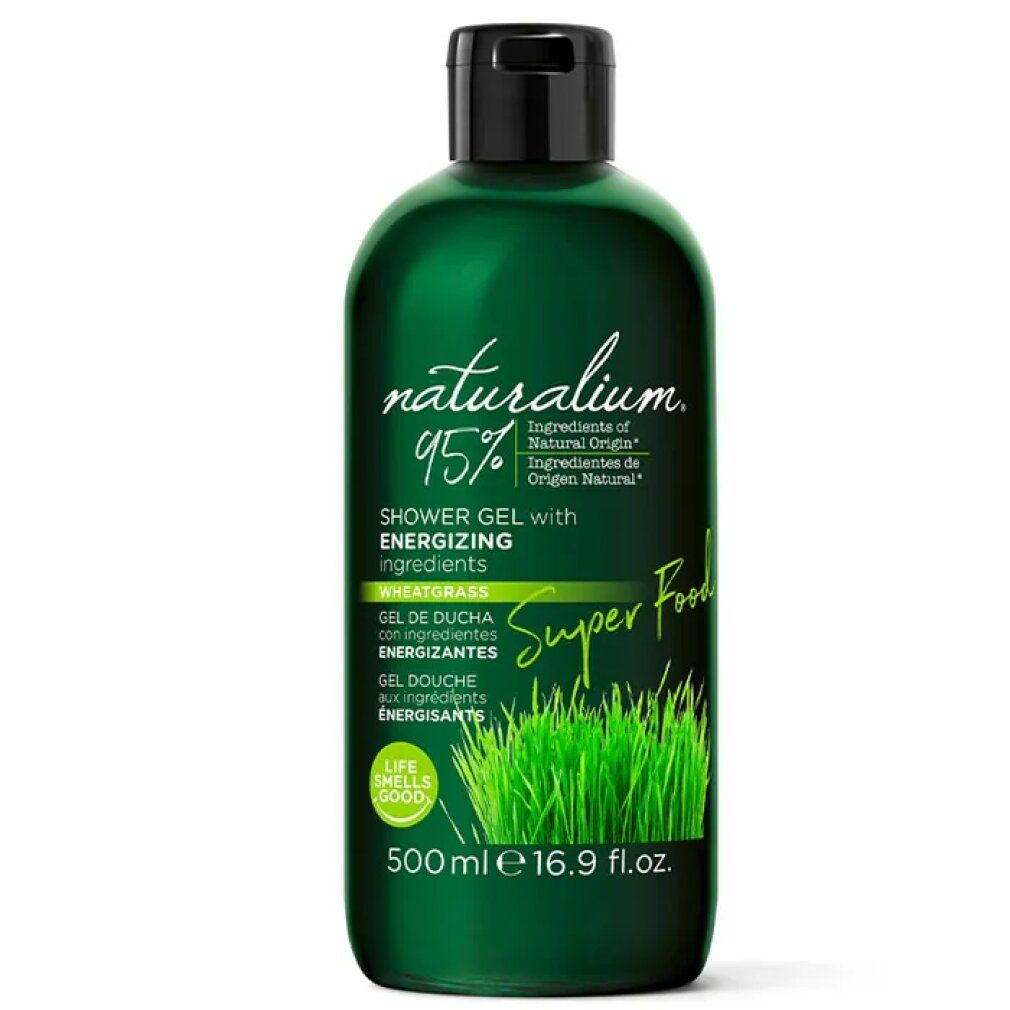 Flacone verde con tappo nero. Scritta: Naturalium, 95%, gel doccia energizzante al grano. 500 ml.