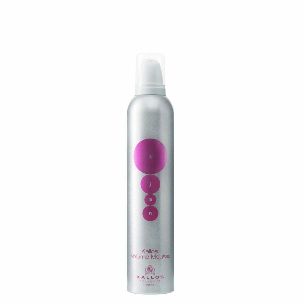 Flacone spray argento con tappo bianco. Cerchi rosa e lettere 'k', 'j', 'm', 'n'. Scritta 'Kallos Volume Mousse'.