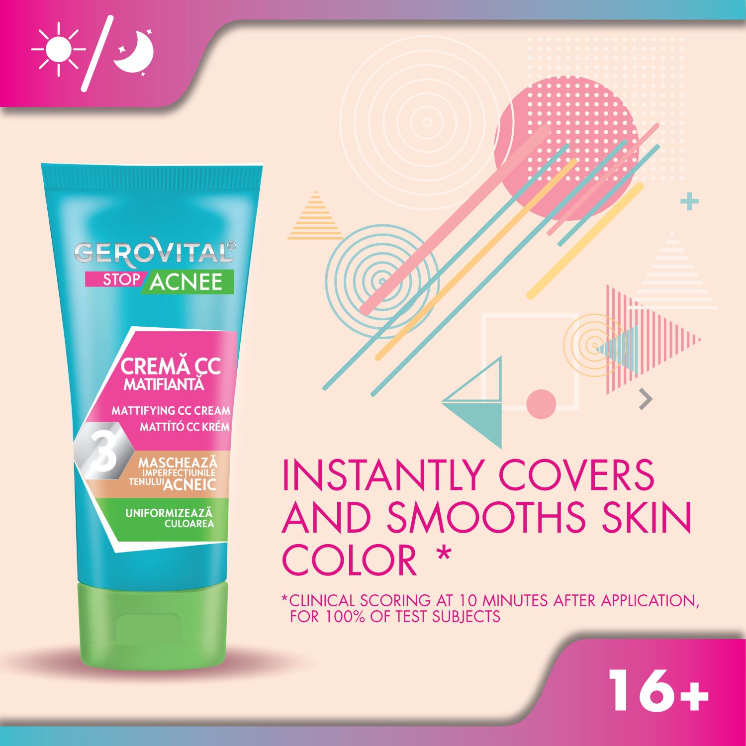 Tubo di crema CC Gerovital Stop Acnee con testo. Testo: Copre istantaneamente, uniforma il tono. Simbolo 16+.