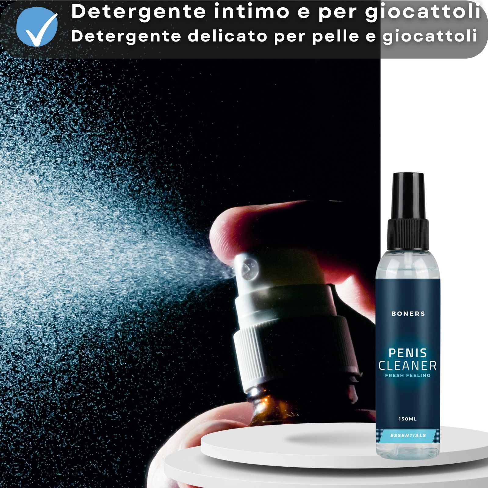 Flacone e spruzzo. Testo: Detergente intimo e per giocattoli, pulizia delicata della pelle e dei giocattoli.