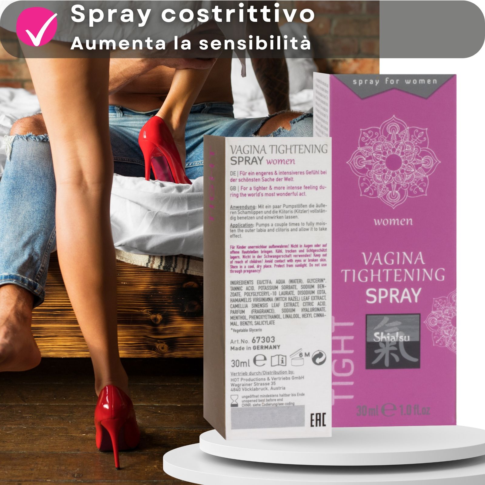 Flacone spray dorato e confezione. Testo: Vagina Tightening Spray. 30ml. Con coppia.