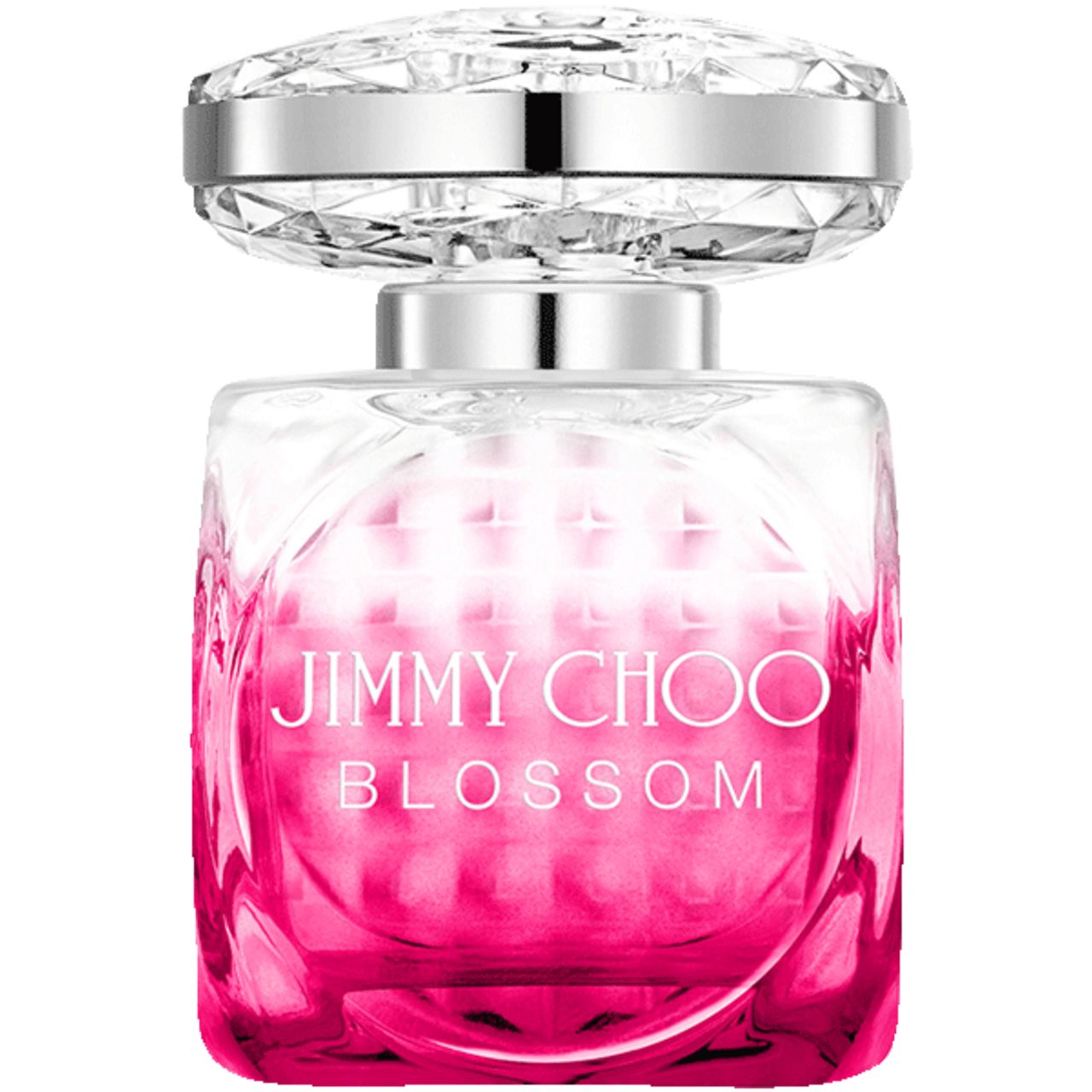 Spray Jimmy Choo Blossom e.d.p. Flacone con tappo argentato e sfumatura rosa. Forma quadrata.