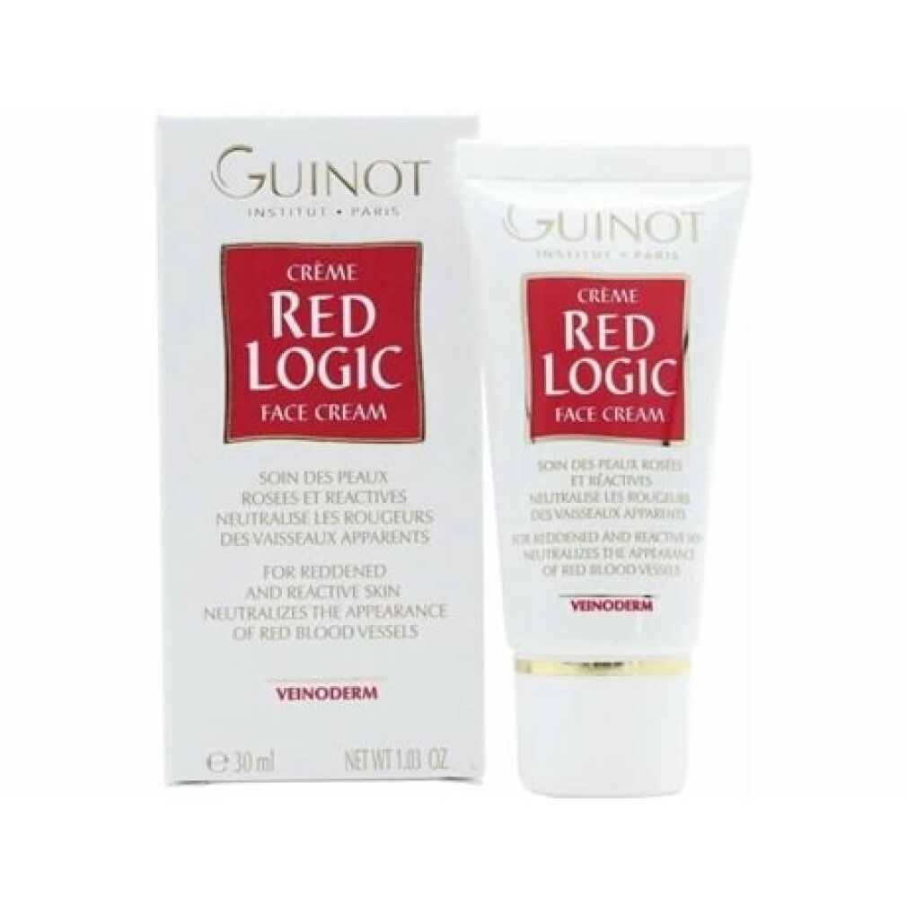 Confezione del prodotto con tubo e scatola. Stampa "Guinot Crème Red Logic Face Cream". Testo in francese e inglese.