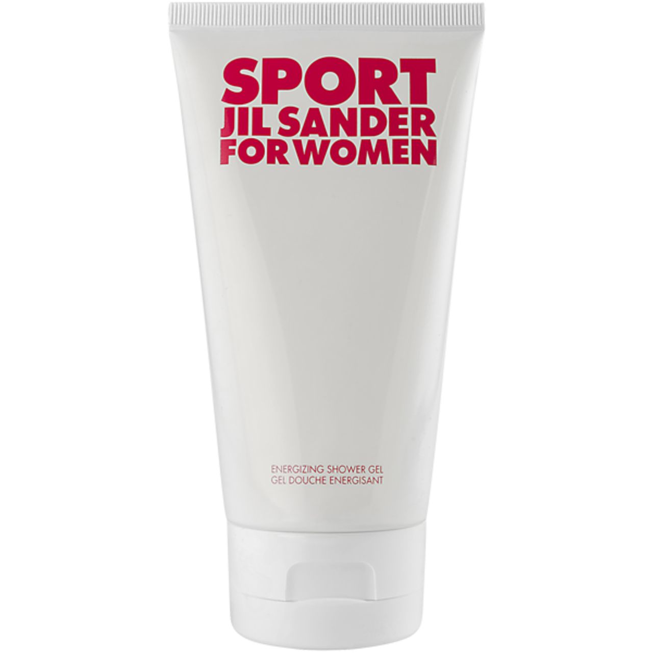 Tubo bianco con scritta rossa SPORT JIL SANDER FOR WOMEN. Sotto: Energizing Shower Gel. Chiusura in basso.