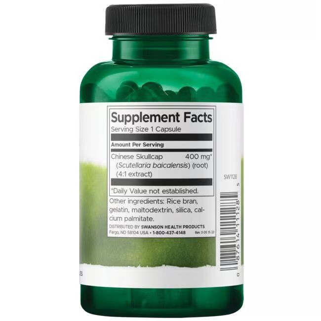 Retro di una bottiglia verde. Etichetta con "Supplement Facts", ingredienti e informazioni nutrizionali. Testo in inglese.