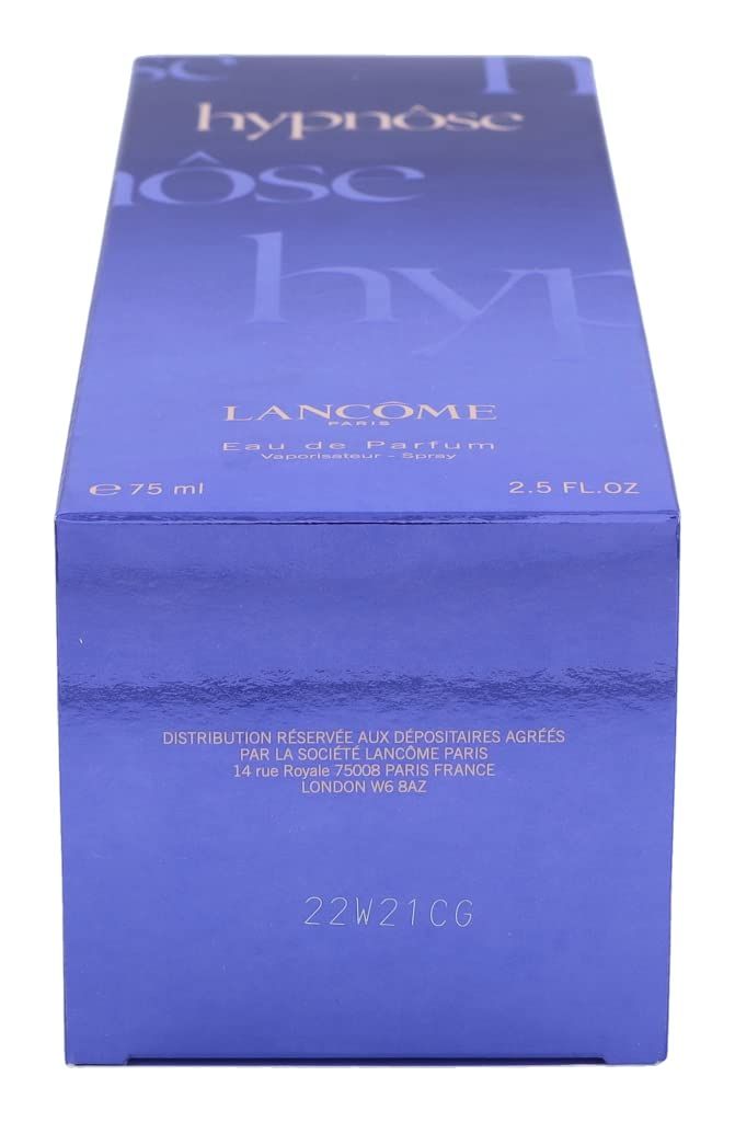Confezione blu Lancôme Hypnôse. Testo: Eau de Parfum, Vaporisateur Spray. In basso: 22W21CG.
