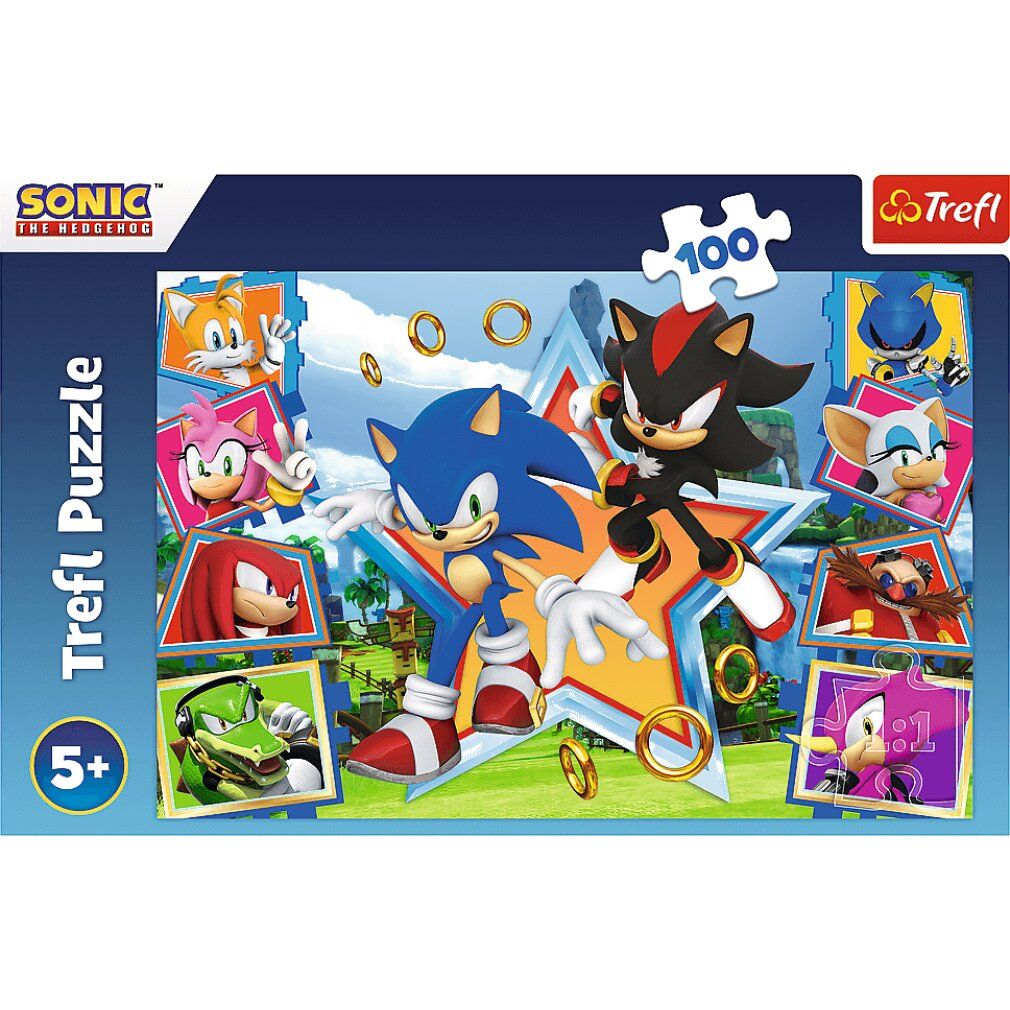 Puzzle con Sonic e Shadow. Scritte: Sonic, Trefl Puzzle, 100 pezzi, 5+. Il puzzle mostra diversi personaggi.