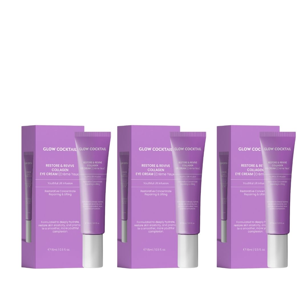 Tre confezioni di trio di crema per gli occhi con scatole viola. Ogni scatola riporta "Glow Cocktail", "Restore & Revive Collagen Eye Cream".