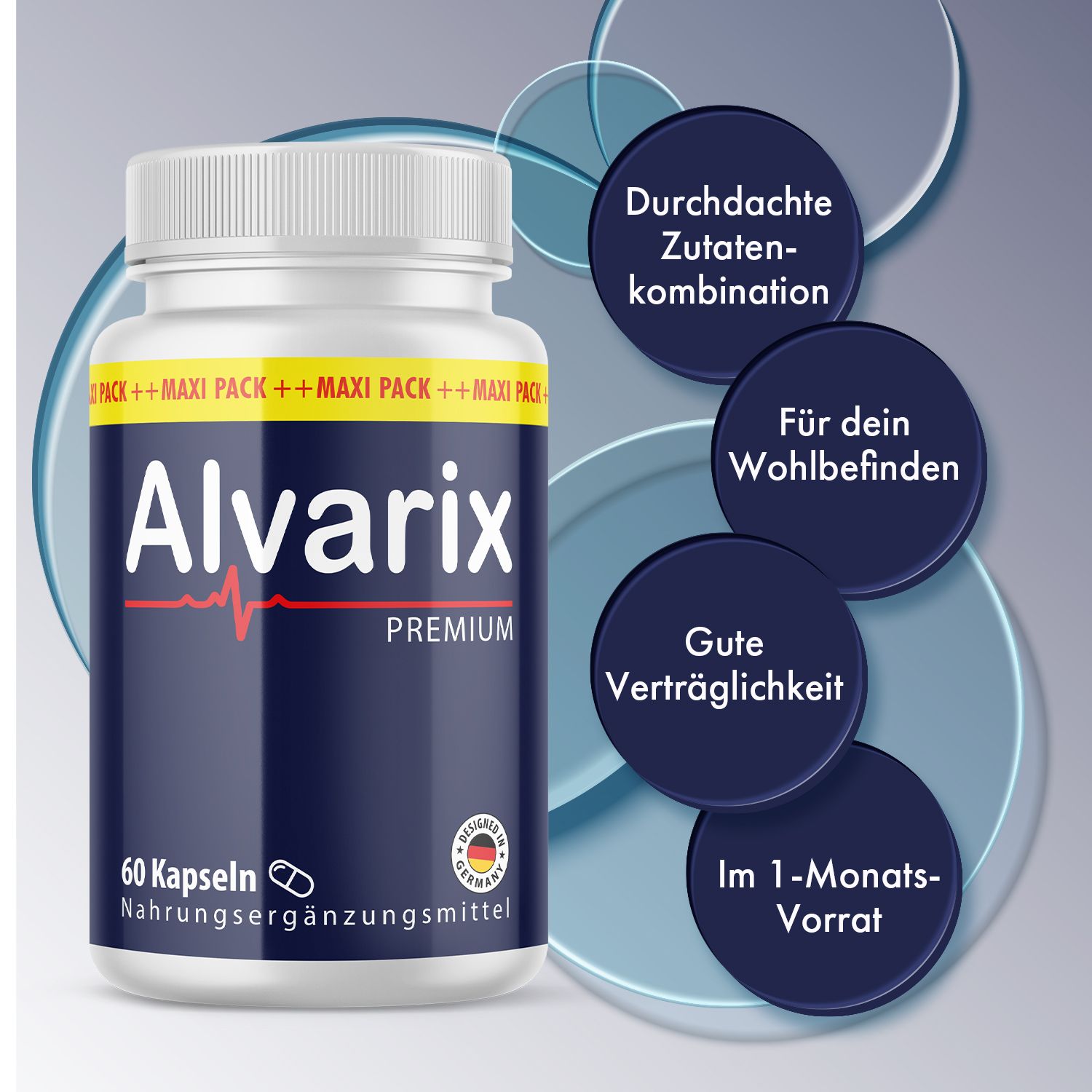 Flacone blu scuro Alvarix Premium Kapseln con tappo bianco. Scritta: Alvarix Premium, 60 capsule, integratore alimentare. Con bandiera tedesca.